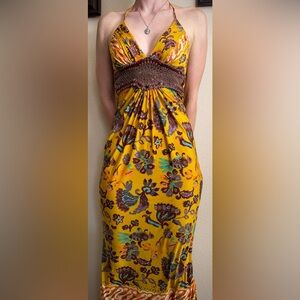 Vintage Leather Silk Yellow Maxi Halter Dress Sky Floral S